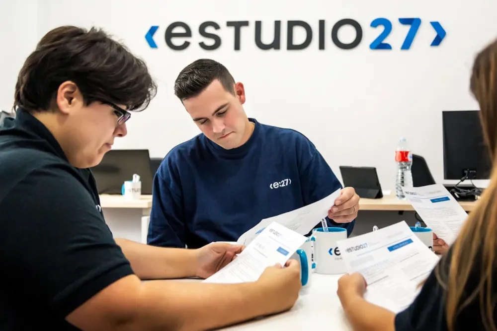 El equipo de Estudio 27 trabajando en su oficina de Oviedo